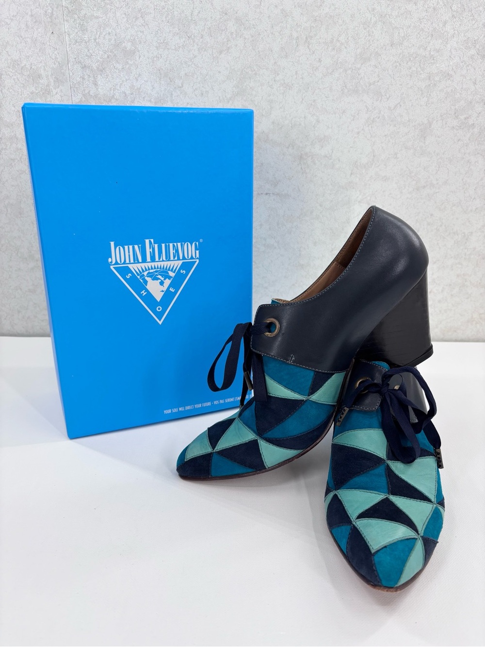 John Fluevog Purpose Scheme Teal & Navy Patchwork Ribbon Tie Block Heel Shoes, 9